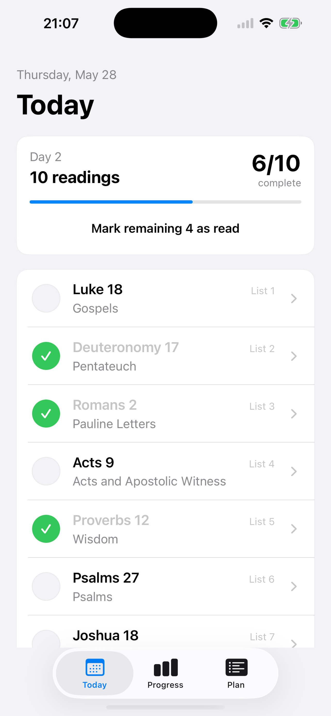 10Lists Today screen showing ten readings and six completed