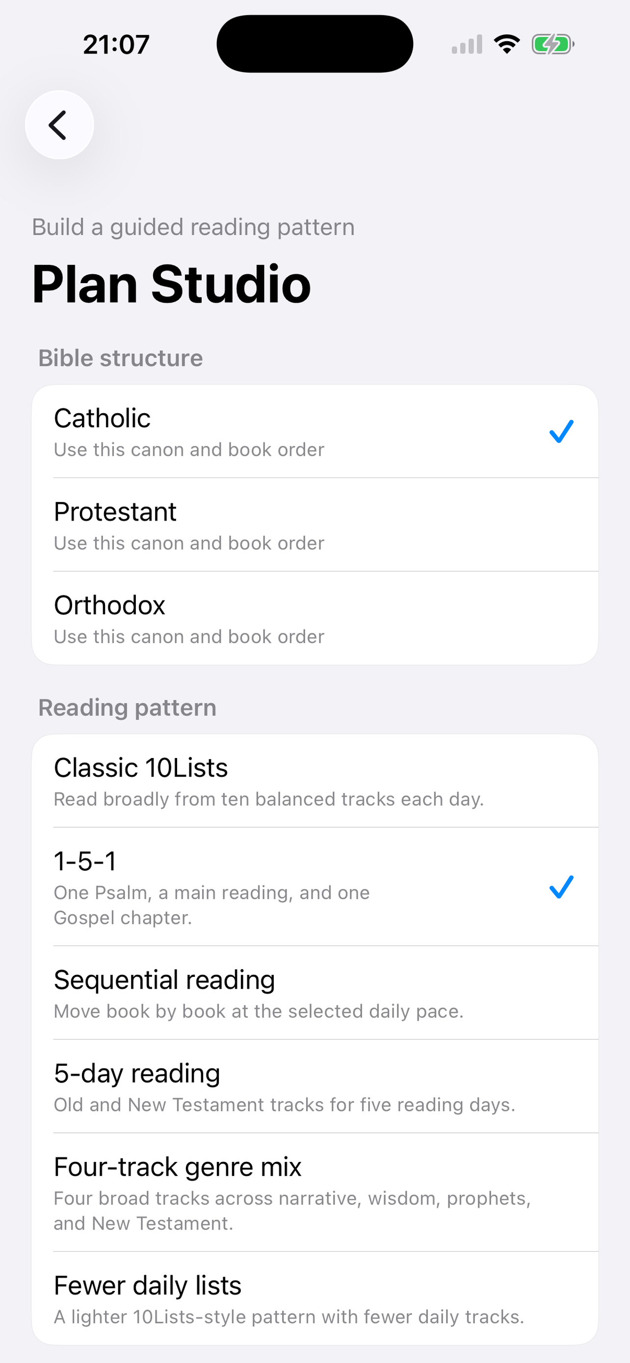 10Lists Plan Studio with Bible structure and reading pattern choices
