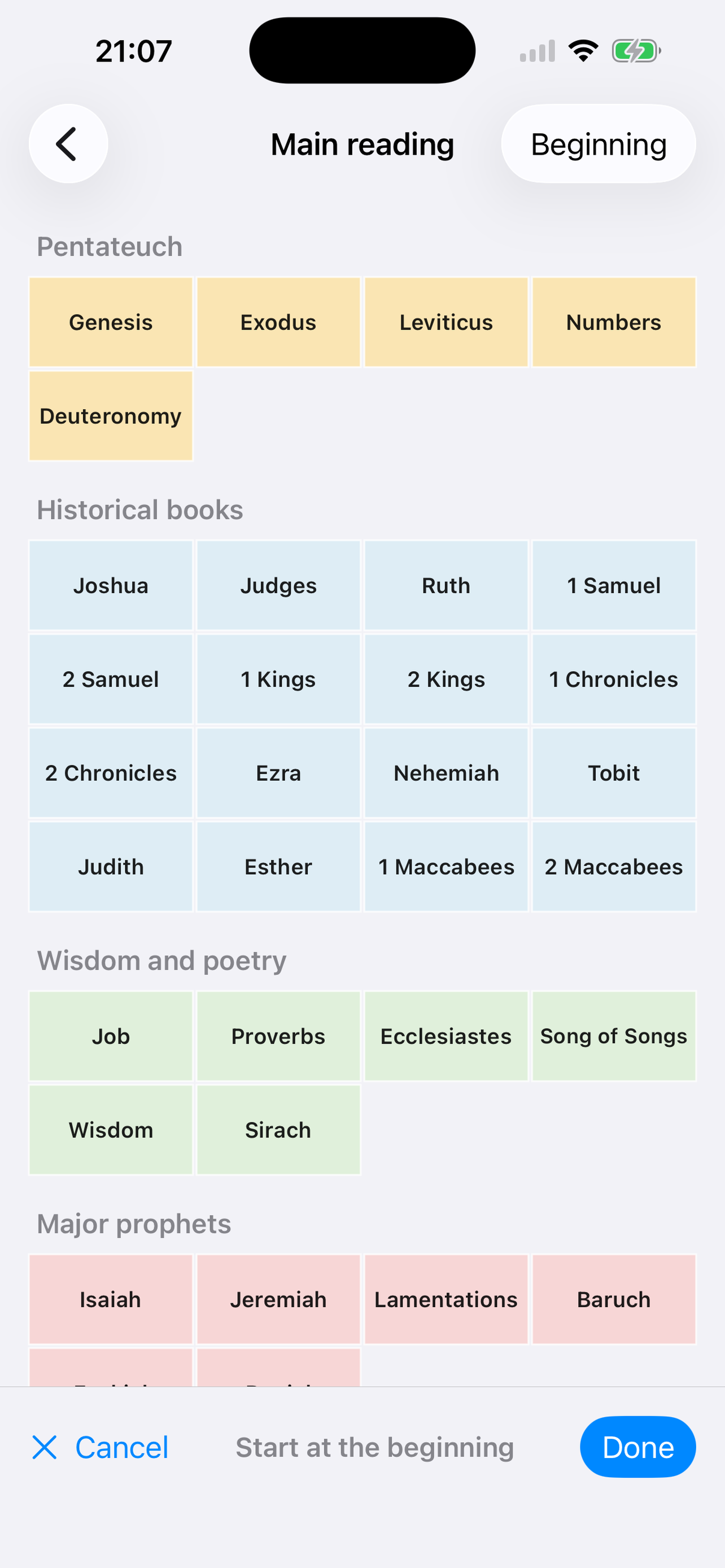 10Lists starting-position picker grouped by Bible books