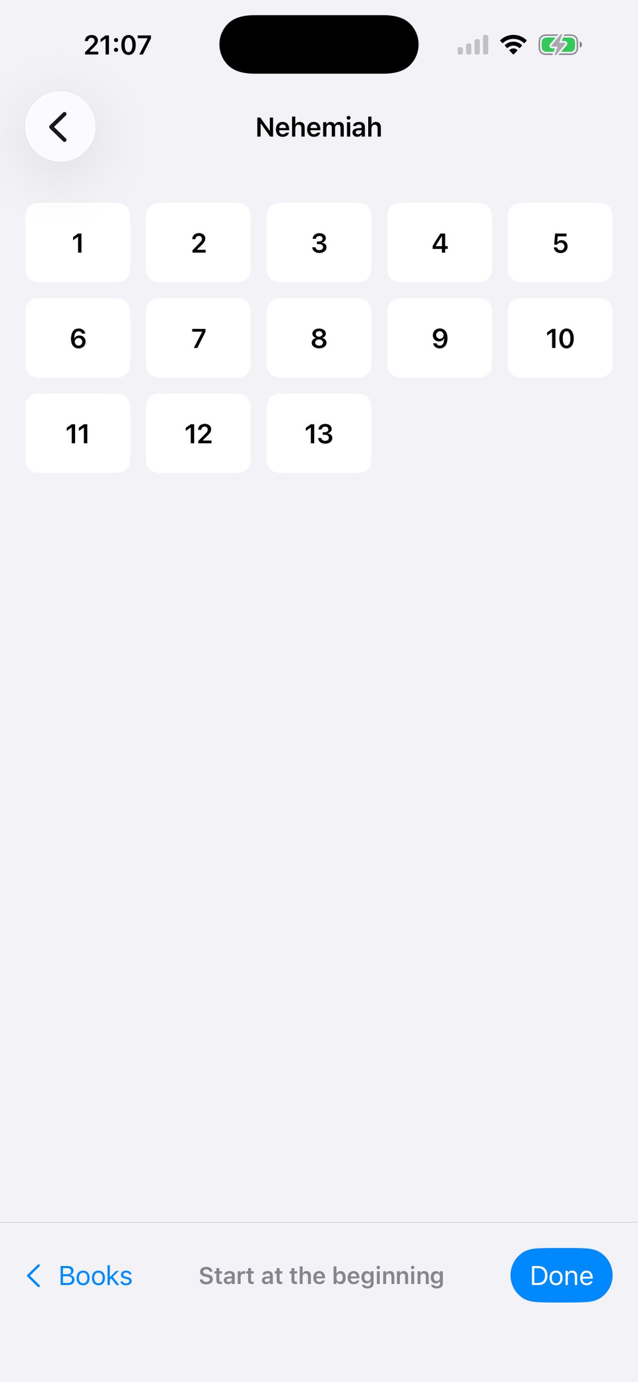 10Lists chapter picker selecting a starting chapter in Nehemiah