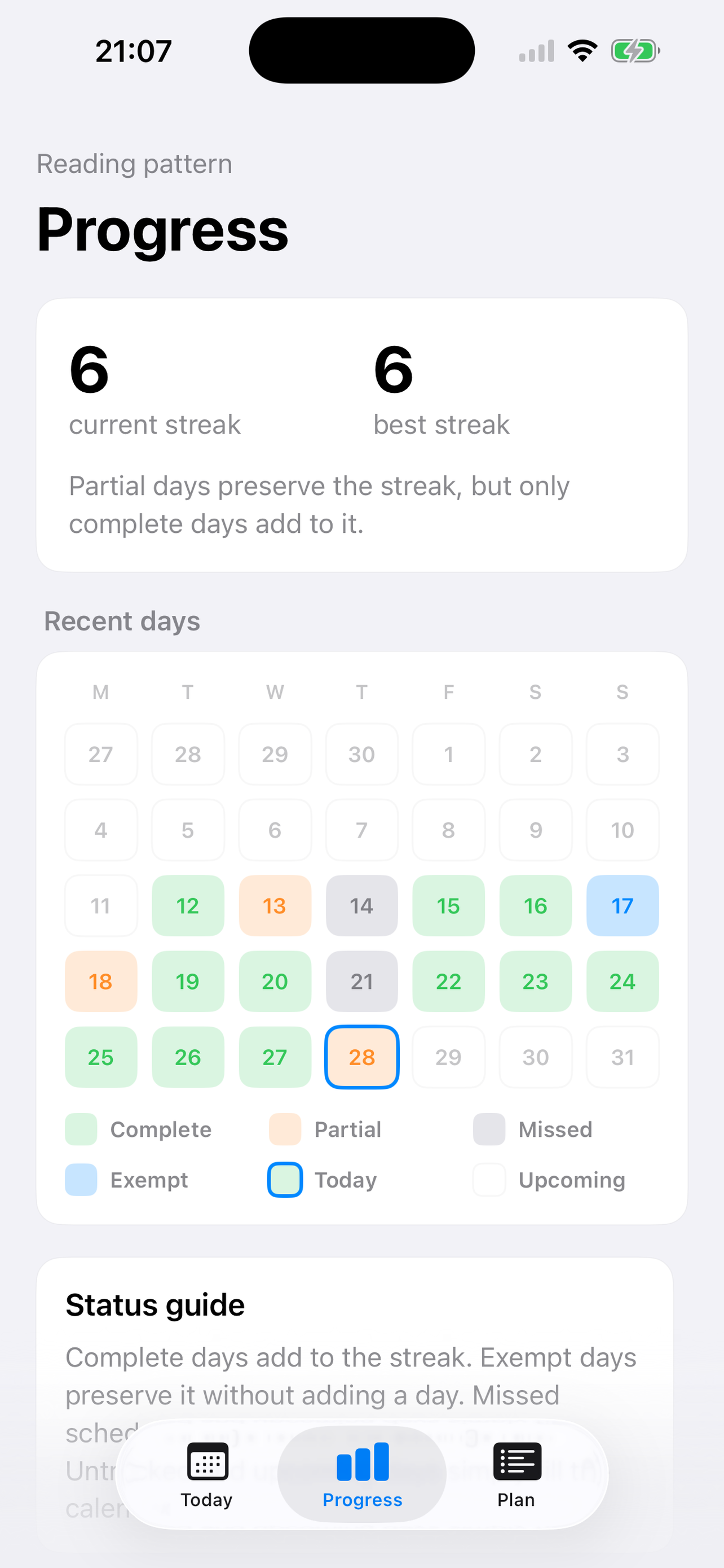 10Lists Progress screen with streak counts and a calendar of reading states