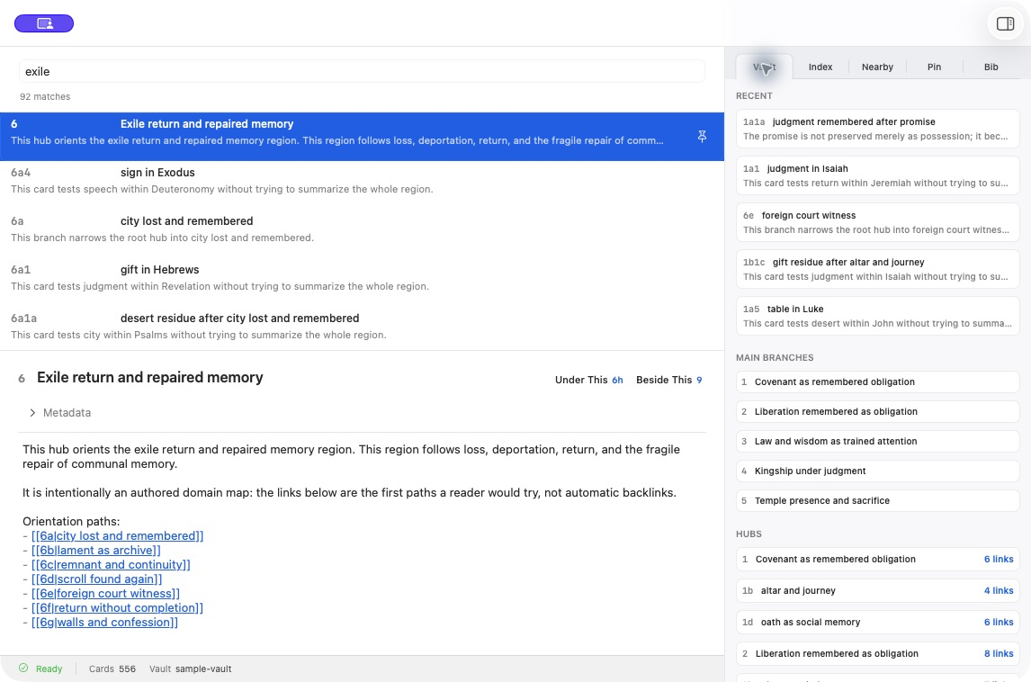 Other Memory main workbench with search results, an active Zettel, and the context rail