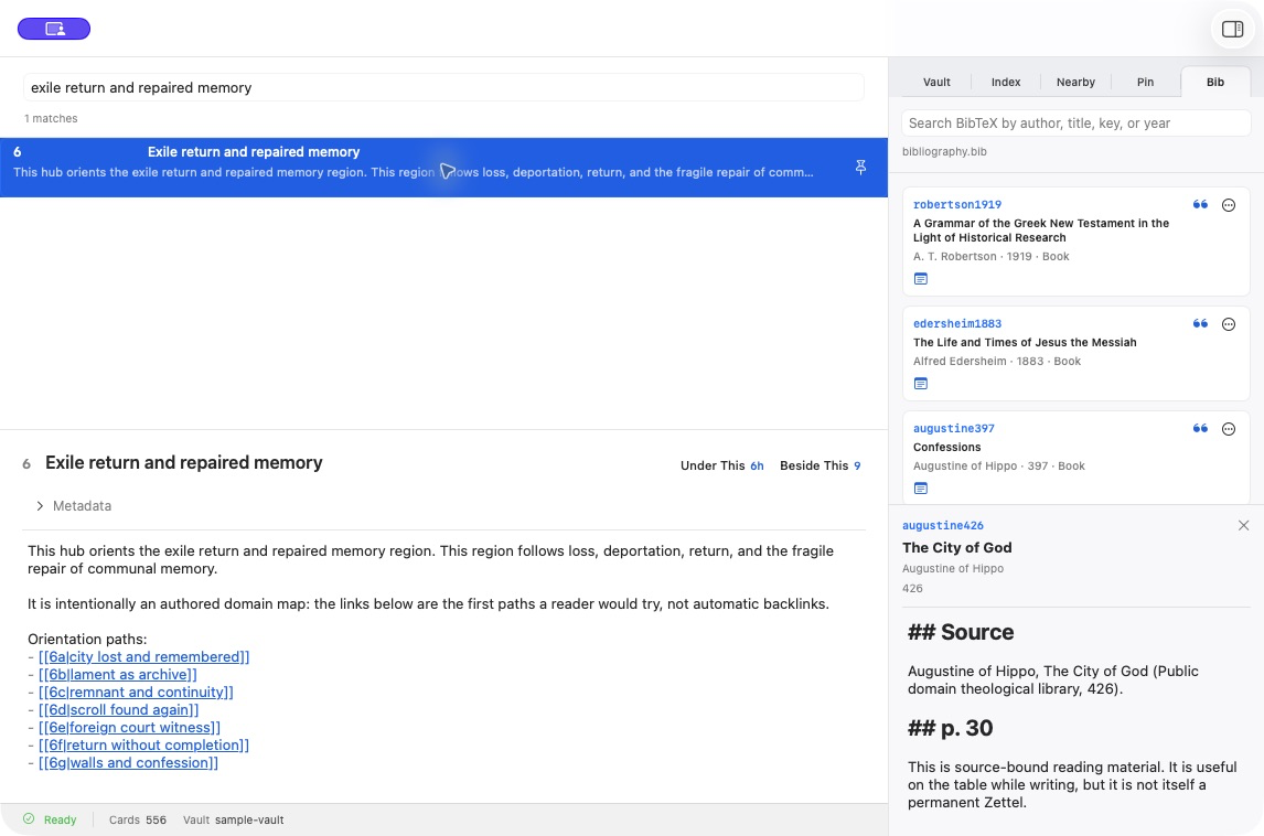 Other Memory showing a permanent Zettel beside BibTeX sources and a literature note