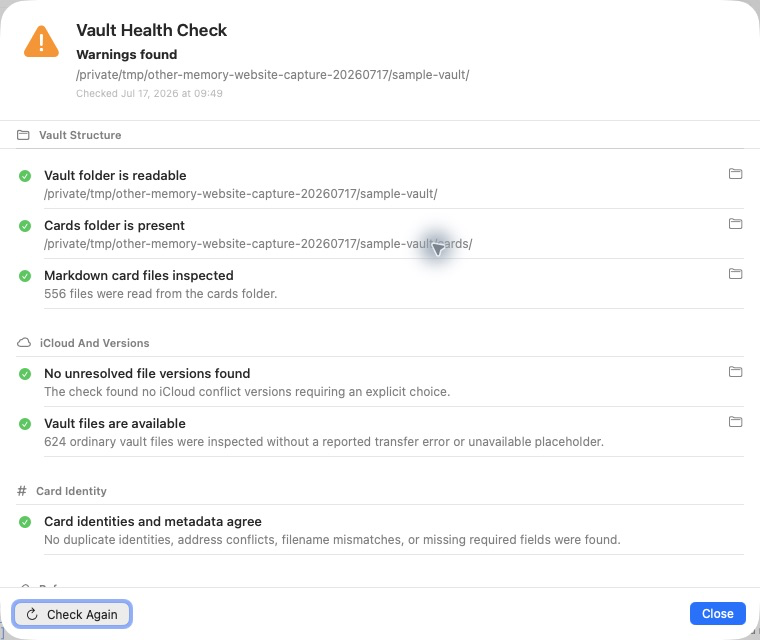 Other Memory Vault Health report checking files, identities, links, and bibliography state
