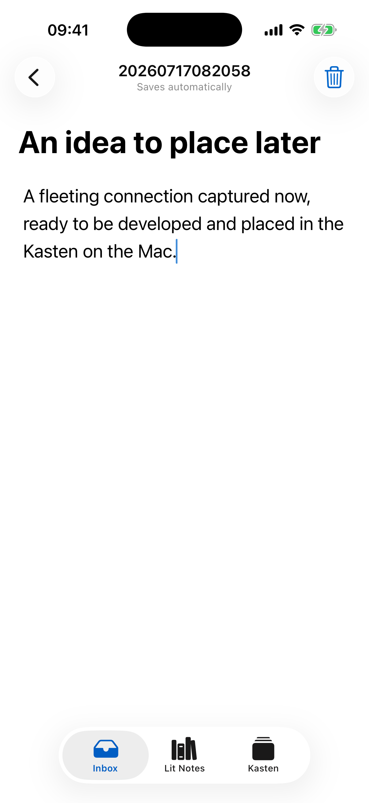 Other Memory iPhone Inbox editor capturing an idea for later placement