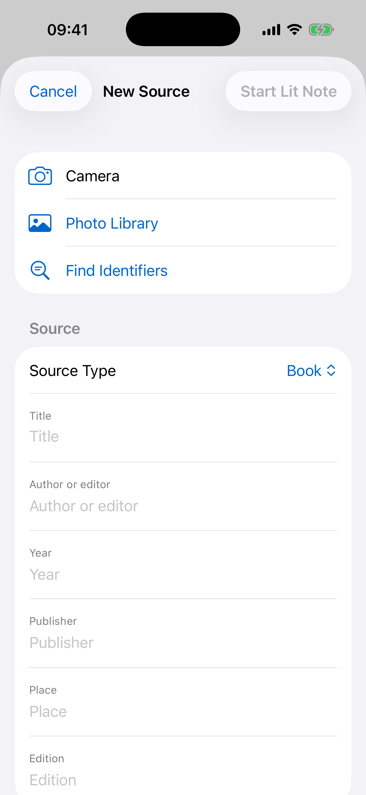 Other Memory iPhone form for photographing or entering a new bibliographic source