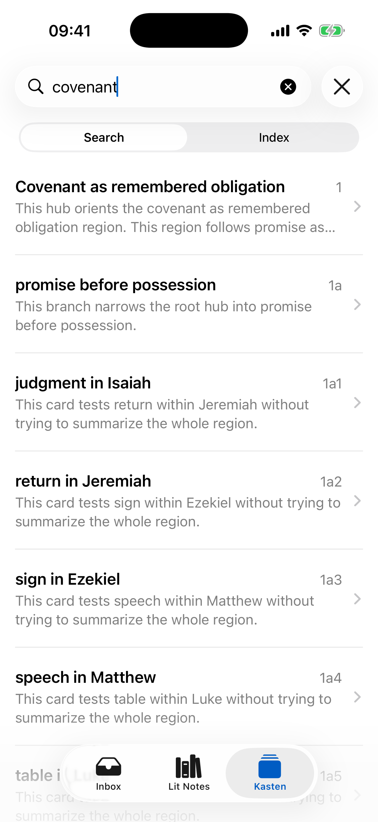 Other Memory iPhone Kasten search showing permanent Zettel results