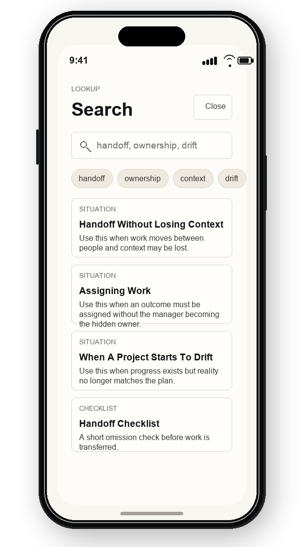 RDAC search results for handoff, ownership, context, and drift